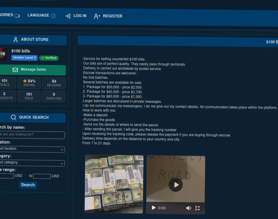 Website offering counterfeit money for sale